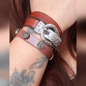 2 Brown Wrap Bracelet with Silver / antique gold Buckle